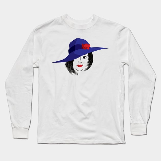 Lady wearing a blue hat with red rose Long Sleeve T-Shirt by dkdesigns27